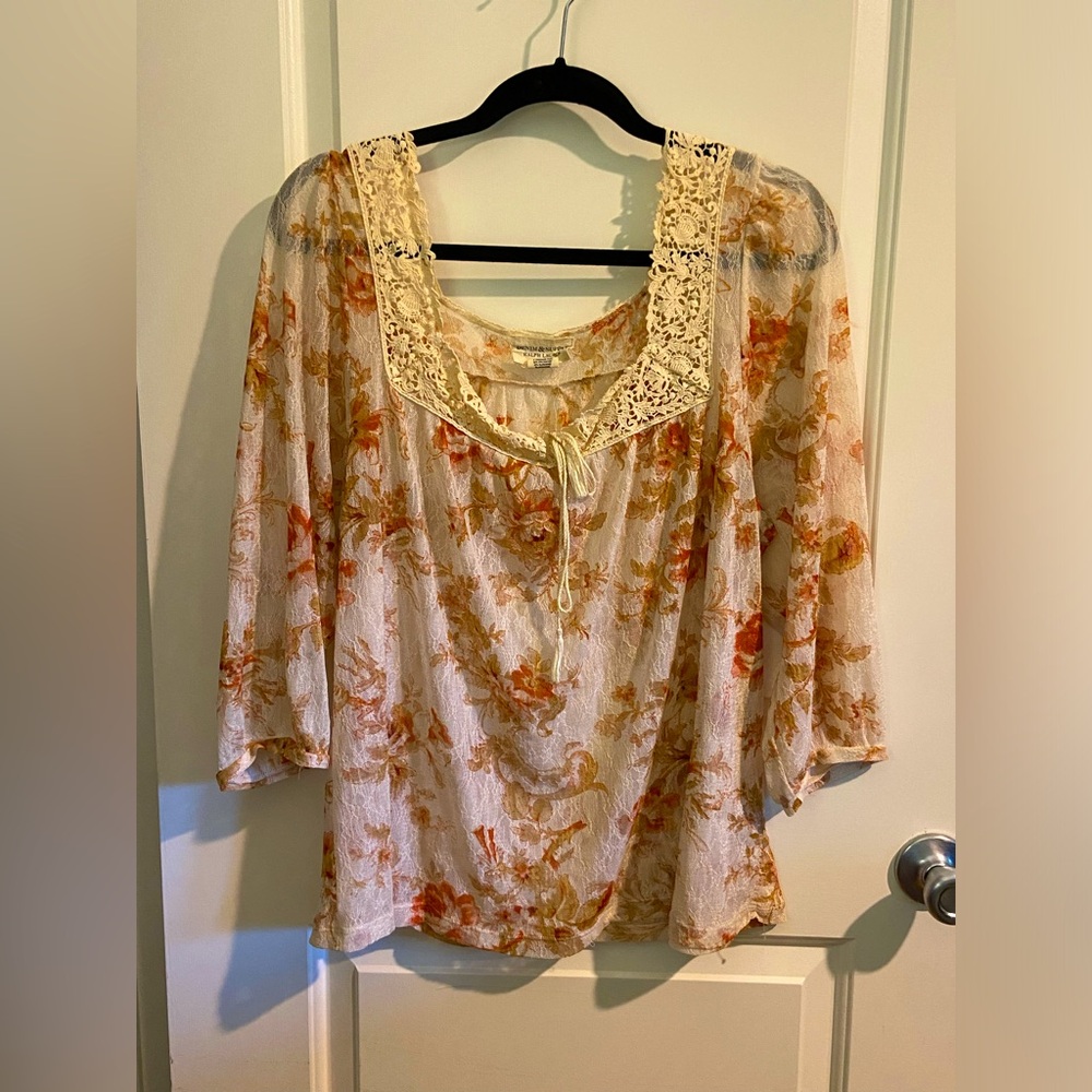 Denim & Supply Ralph Lauren 3/4 Sleeve Sheer Lace Blouse, Women's Size Large